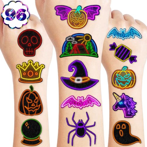 96 PCS Cool Glow Neon Light Temporary Tattoos Themed Birthday Party Favors Decorations Supplies Cute BlackLight Tattoo Stickers Gifts For Kids Boys Girls Prizes Carnival Christmas Holiday Halloween