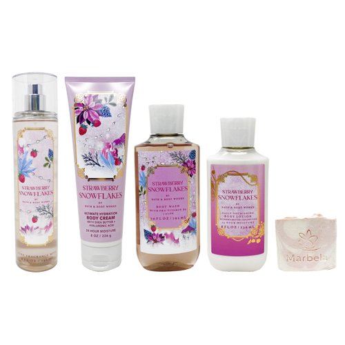 Bath & Body Works Strawberry Snowflakes - Deluxe Gift Set - Fine Fragrance Mist, Body Cream, Body Wash and Body Lotion With a Himalayan Salts Springs Soap., pink