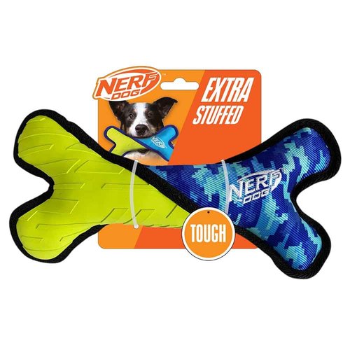 Nerf Dog 11in Tuff Rubber Dog Toy - Nylon Plush Bone Poly Filled Horizontal -Green/Blue