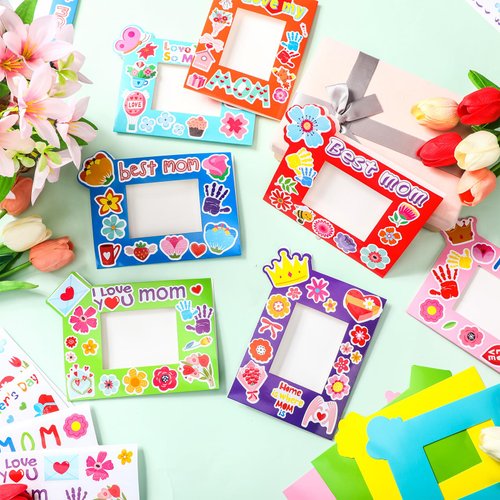 Beeveer 96 Pcs Happy Mother's Day Picture Frame Crafts DIY Handprint Flower Pot Hand Keepsake Picture Frame Craft Gifts with Flower Stickers for Spring Party Home Activities