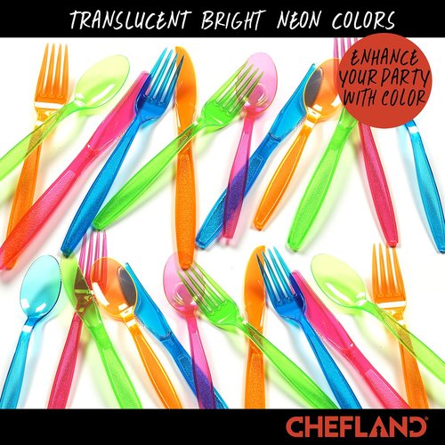 ChefLand 96-Piece Plastic Cutlery Combo Knives/Forks/Spoons, Assorted Neon Colors