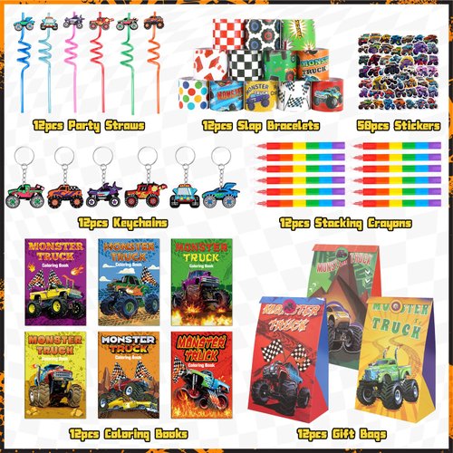 Miucat Monster Truck Party Favors Serve 12, Machine Jam Birthday Supplies include Slap Bracelet Coloring Books with Stacking Crayons Drinking Straws Keychain Stickers Gift Bags for Kids 122Pcs