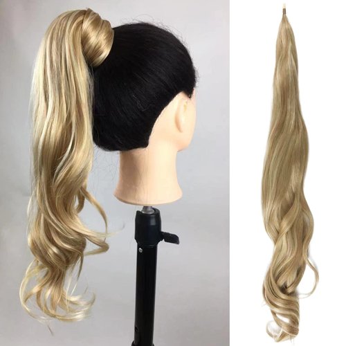 Chicmoi Blonde Ponytail Extension 32 Inch Flexible Wrap Around Ponytail Hair Extensions Long Mixed Blonde Pony Tails Hair Extension Synthetic Hair Pieces For Women Daily Party Use（32 inch, P27/613）
