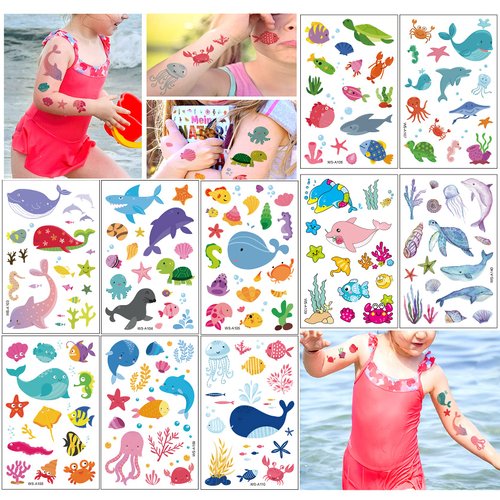 TopFunny Temporary Tattoos for Kids, 160Pcs Cartoon Ocean Animals Fish Tattoos (10 Sheets) Waterproof Cute Fake Tattoo Body Stickers Children Birthday Party Decoration Supplies Gifts Favors Girls Boys