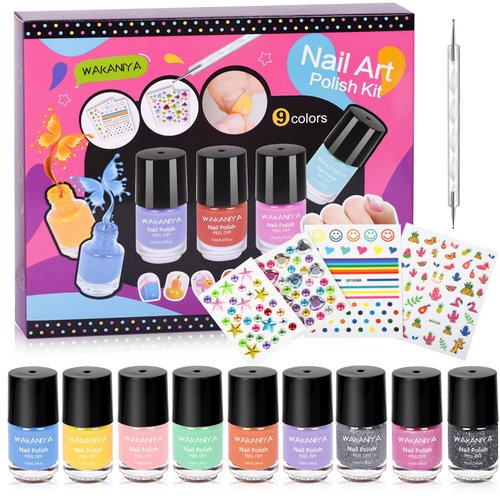 wakaniya Kid Nail Polish Set for Girls - Quick Dry Mini Nail Polish Kit with Gems Stickers, 9 Colors Nail Polish Non-Toxic Water-Based Peel-Off Low Odor Kids Nail Set for Ages 3+