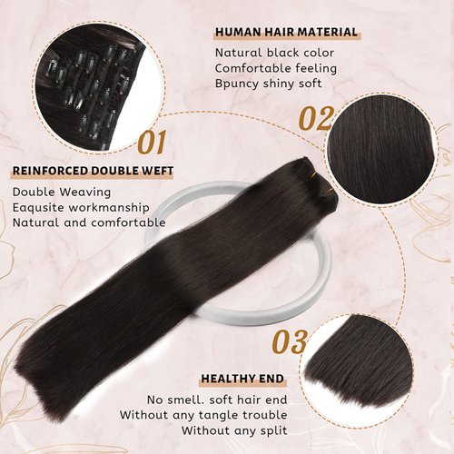 Clip In Hair Extensions Real Human Hair For Women Jet Black Hair Extensions 7pcs Per Set with 16 Clips 100% Remy Virgin Human Hair Clip In Extensions Double Weft Clips Straight Soft Hair 22inch