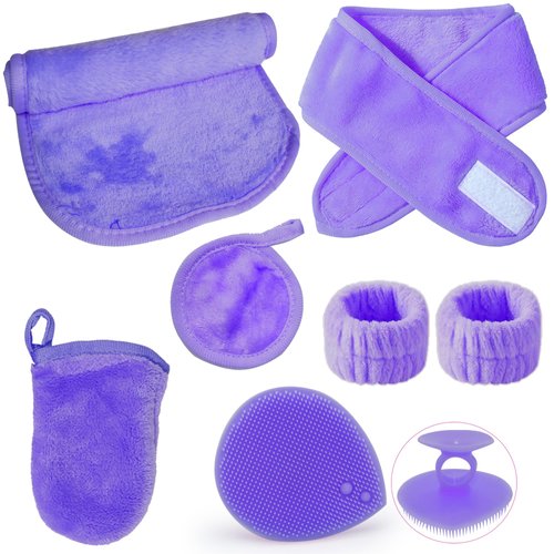 Baoton 7Pcs Face Makeup Remover Cloths Silicone Facial Cleansing Washing Brush Exfoliating for Women Spa Headbands Washband Wristband Hair Band Sweatband Shower Bath Wrap Sport Yoga, Purple
