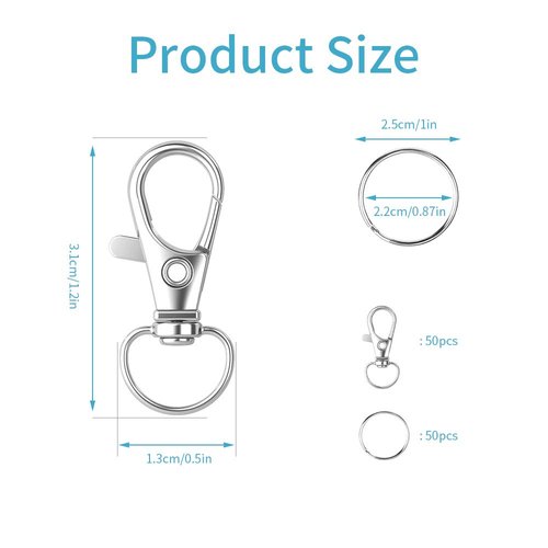 HXSEMAYIG 100PCS Keychain Hooks with Key Rings,.Metal Swivel Lobster Claw Clasps, for Keychain Clip Lanyard, Jewelry Making, Crafts (Silver)
