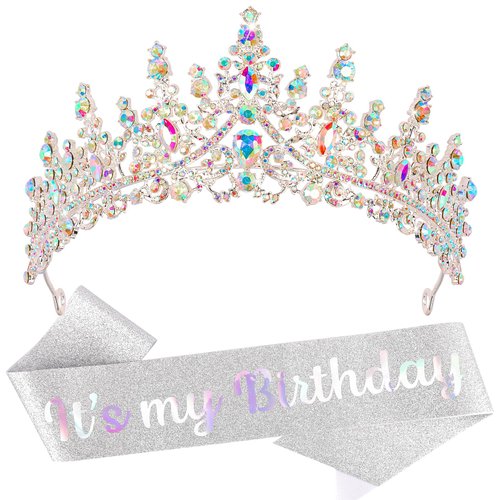 KICOSY It's My Birthday Crown and Sashes for Women Girls, Birthday Crystal Princess Tiara and Sash Set for Girl, Birthday Party Decorations Birthday Headband Gifts Birthday Accessories for Women