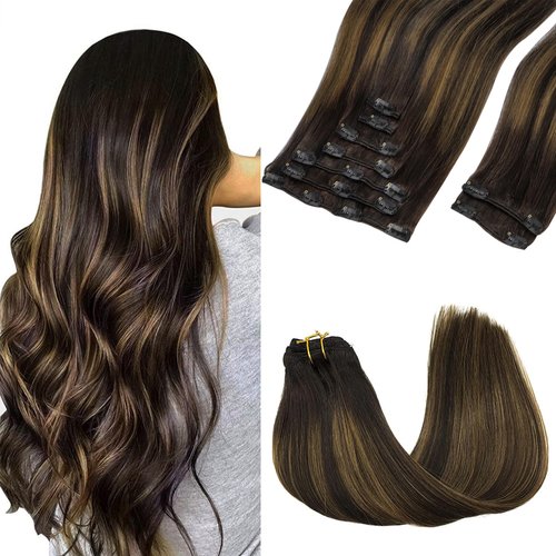 GOO GOO Clip in Hair Extensions Real Human Hair, 14inch 150g 9Pcs, 2/6/2 Balayage Dark Brown to Chestnut Brown, Remy Human Hair Extensions Clip ins for Women, Natural Human Hair