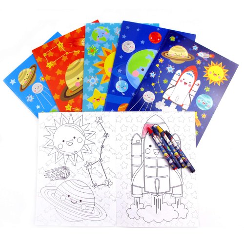 TINYMILLS Outer Space Coloring Book for Kids Party Favor Set with 12 Coloring Books and 48 Crayons Space Astronaut Rocket Birthday Party Supplies Outer Space Party Favor Bag Fillers