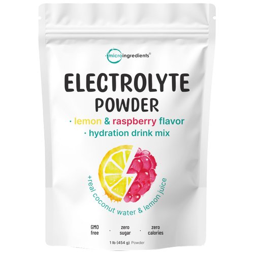 Micro Ingredients Hydration Electrolyte Powder, 1lb (69 Servings), Keto & No Sugar - High Potassium (1000mg) with Lemon Raspberry Flavored - Made with Real Lemon Juice & Coconut Water - Non-GMO