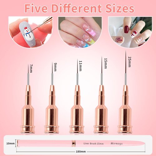 Mirmogo Nail Art Liner Brushes,5pcs Nail Design Brush Set, Nail Dotting Drawing Tool for Long Lines,Thin Details, Fine Drawing, Delicate Coloring, Elongated Lines,Sizes 7/9/11/15/25mm(Pink)