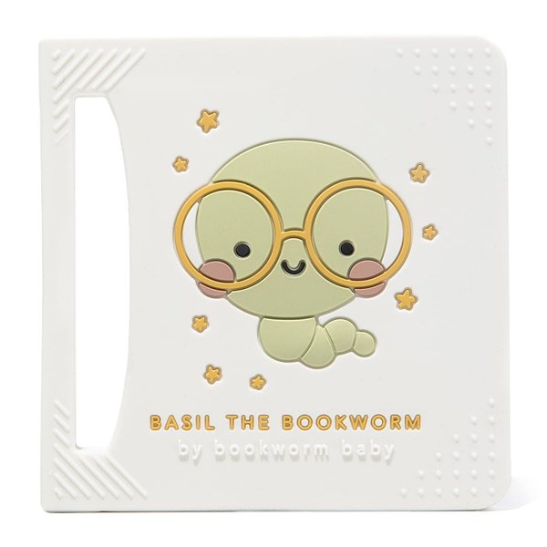 Basil The Bookworm Baby Teether - Premium BPA Free Silicone Teething Toy | Perfect for Baby Showers | Unique Book-Shaped Design | Freezer & Dishwasher Safe (Age: 3+ Months)