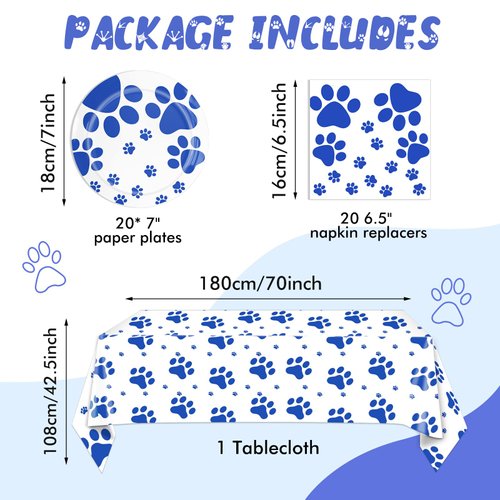 41PCS Blue Dog Paw Prints Birthday Party Supplies Include Plates Napkins Tablecloth Pet Party Decorations for Puppy Theme Party Picnic Baby Shower