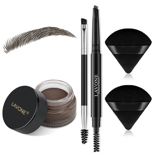 LAVONE Eyebrow Pencil Makeup Kit for Eyebrow Makeup, Make up Brow Kit with Waterproof Eyebrow Pencil, Eyebrow Pomade, Powder Puff and Dual-ended Eyebrow Brush - Black Brown