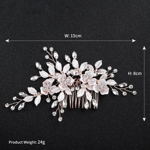 Beautiful Floral Rose Gold Wedding Hair Comb With Clear Crystal Side Bridal Comb with 2 Hair Pins, Hair Sticks