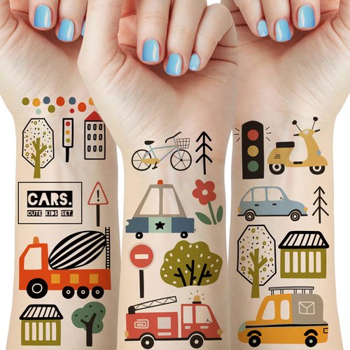 12 Sheets Boho Transportation Temporary Tattoos for Kids, Transportation Birthday Party Supplies, Traffic Party Favor Decorations, Cars Trucks Signal Lights Fake Tattoos Stickers for Boys Girls