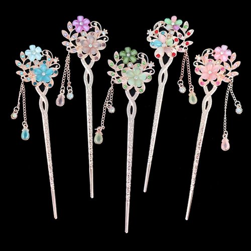 5 Colors Chinese Traditional Flower Hair Sticks, Retro Glitter Rhinestone Hairpin, Elegant Flower Hair Chopsticks Hair Pin Chignon with Tassel