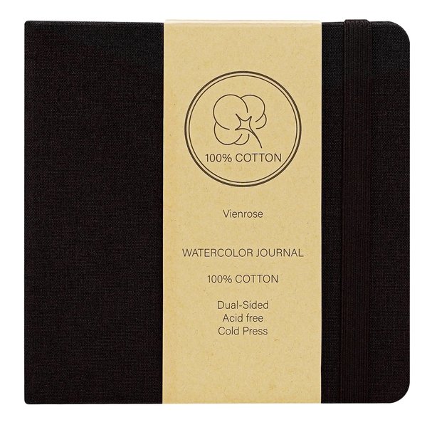 Vienrose Watercolor Sketchbook, 5.5"x5.5" Watercolor Journal with 24 Sheets 140 LB (300 GSM) Cotton Watercolor Paper, Black Linen Cover Watercolcr Sketch Book As Travel Notebook Mixed Media Pad