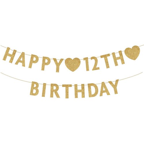 Gold Happy 12th Birthday Banner, Glitter 12 Years Old Boy or Girl Party Decorations, Supplies