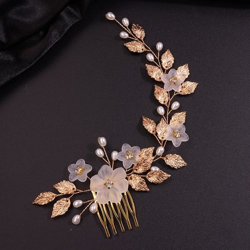 Teyglen Bride Wedding Flower Hair Comb Crystal Leaf Pearl Side Hair Comb Bridal Rhinestone Hair Pieces Hair Accessories for Women Girls Bridesmaid (Gold)