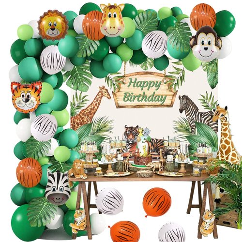 Yancan Safari Birthday Decorations for Boy Jungle Theme Party Supplies Green Balloon Garland Arch Kit with Happy Birthday Backdrop Animal Balloons Palm Leaves