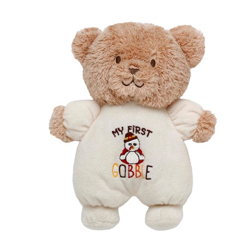 Thanksgiving 9 inch Plush Rattle with My First Gobble Embroidery for Baby, (Ivory Bear)