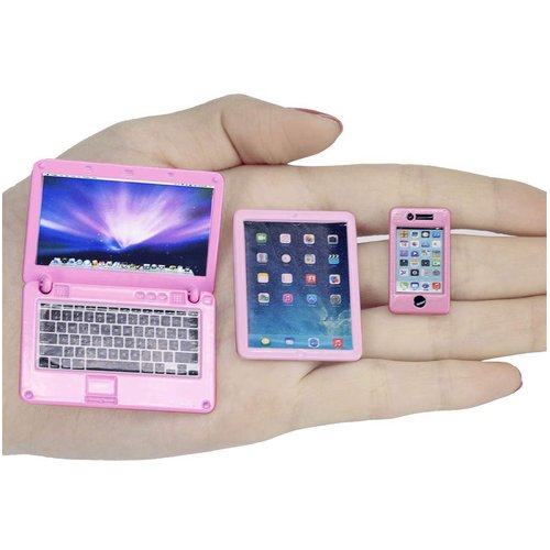 Dollhouse Decoration Miniature Accessories Dollhouse Computer Laptop Tablet Phone Simulation Accessories for Doll 1/6 1/12 Miniatures Play Set - 3 Pcs (3 Laptop-Pink)