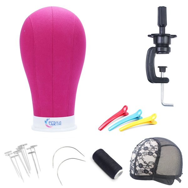 Eerya Canvas Block Head 24 Inch Wig Head Set for Wig Making Display Styling Rosy Poly Canvas Block Head with Stand Mannequin Head with Mount Hole Manikin Head Wig Head Stand (24inch,Rosy)