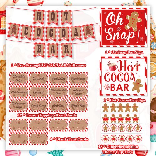 Hot Cocoa Bar Decoration Kit, Gingerbread Man Theme Hot Cocoa Bar Banner Christmas Hot Chocolate Bar Supplies Sign Toppings Labels Cup Stickers for Winter Baby Shower Christmas Birthday Decorations