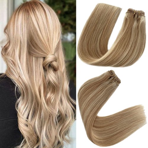 Sew in Weft Hair Extensions Human Hair Double Weft Natural Weave Caramel Blonde to Blench Blonde Highlights Hand Tied Weft Hair Extensions 18 inch 100g Seamless for Remy Hair