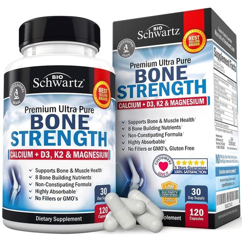 Bone Strength Calcium Supplement - With Calcium, Vitamin D3, K2, C, Magnesium, Zinc - 8 Bone-Building Nutrients, High Absorption, Non-Constipating Formula - 120 Veggie Capsules for Optimal Bone Health