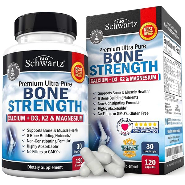 Bone Strength Calcium Supplement - With Calcium, Vitamin D3, K2, C, Magnesium, Zinc - 8 Bone-Building Nutrients, High Absorption, Non-Constipating Formula - 120 Veggie Capsules for Optimal Bone Health