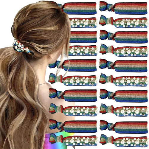 BASEMMAHER 20Pcs Glitter Rainbow Hair Ties Gay Pride Colorful Knotted Stretch Hair Rope Pearl Elastic Bracelet Ponytail Holder Hair Scrunchie Accessories for Women Girls LGBTQ Parade Party Headpiece