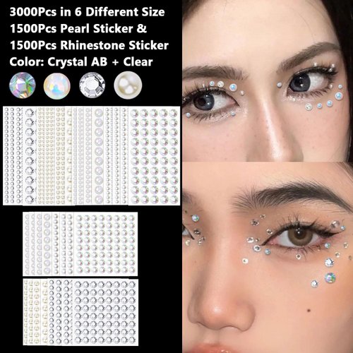 3000Pcs Self Adhesive Pearls and Rhinestones Stickers, Stick on Rhinestone Hair Pearl Stickers Diamond Stickers Self Adhesive Face Gems Hair Gems for Face Makeup Hair Nail Art Cell Phone DIY Crafts
