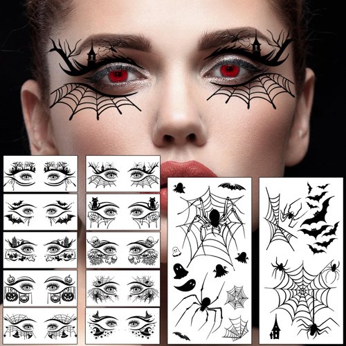 Hotoyannia 12 Sheets Halloween Face Temporary Tattoos Stickers, Halloween Face Fake Tattoos Spider Web Bat Eyeliner Eye Shadow Tattoos Halloween Makeup Kit For Women Girls Halloween Masquerade Party