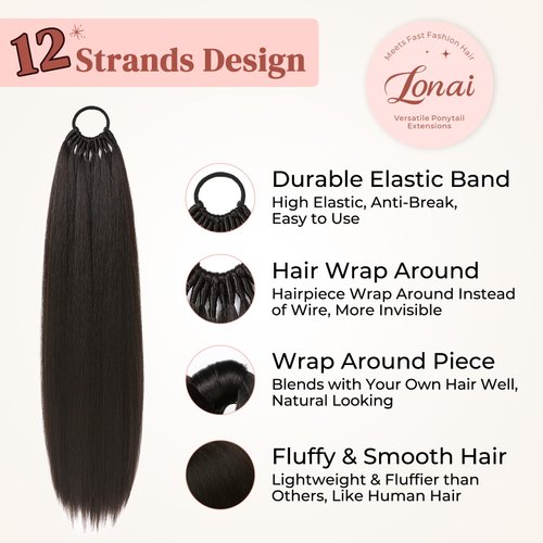 LONAI Ponytail Extensions, Versatile Elastic Band Black Brown Ponytail Extension for Women, 28" Long Straight Soft Natural Synthetic Pony Tails-Black Brown