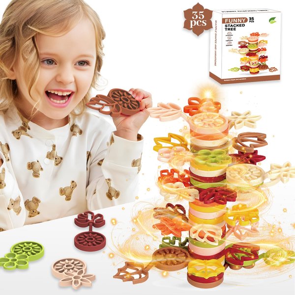 Agard Stacking Toys for Toddlers 3+,Montessori Toys Stack Rainbow Flower Tree Plastic Stack Blocks, DIY Stacking Game for Preschool Toddlers, Sorting Sensory Toys-35 PCS