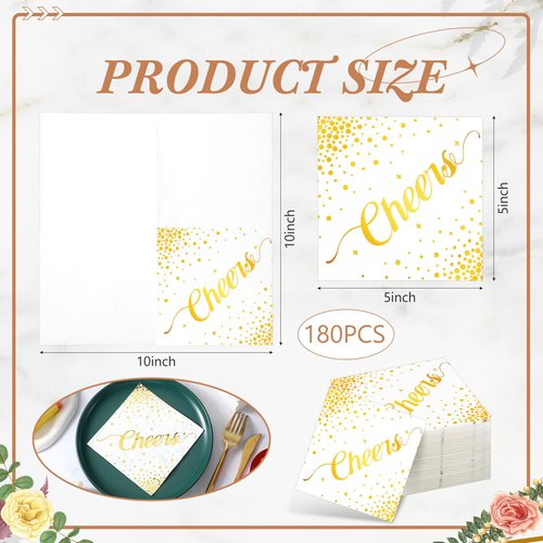 Geelin 180 Pieces Cheers Napkins Gold Cocktail Napkins Beverage Paper Napkins Disposable Bar Napkins for Wedding Reception Anniversary Birthday party Decorations, 5 x 5 Inch(Simple)