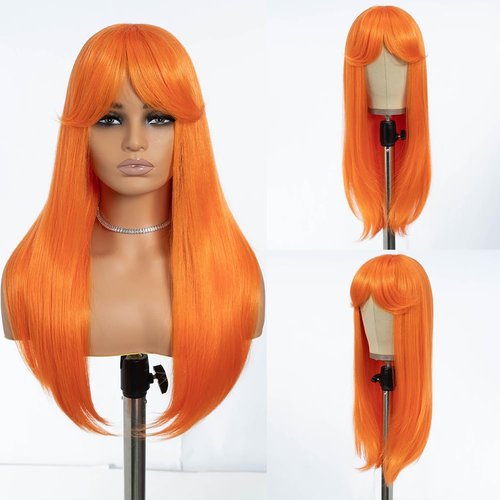 Remy Forty Synthetic Wigs for Women Fashion Blonde/Red/Purple/Pink/Ombre Colorful Wigs with Bangs of Door Curtain Style Wavy/Curly/Straight Wig (ORANGE, 23 inches)