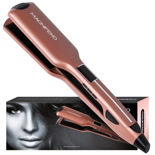 Magnifeko Professional Flat Iron Hair Straightener Wide Plate & Digital Display - Dual Voltage Titanium Hair Straighteners (Rosegold)