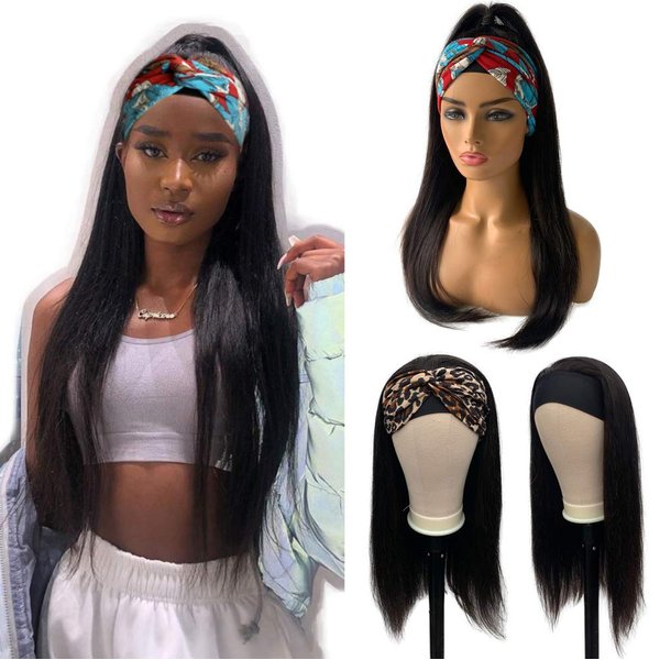 Human Hair Headbands Wigs 1B Straight Hair No Lace Front Wigs 12" Full Machine Made Scarf Wig Natural Black for Women Full Head 150% Density Can Be Restyle