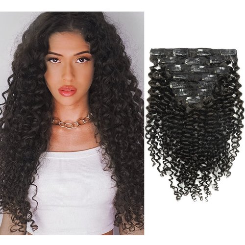 Caliee 3B 3C Curly Clip in Hair Extensions 22Inch Natural Black 1B Jerry Curly Human Hair Extensi...