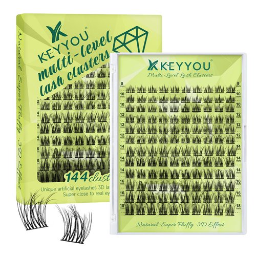 Lash Clusters 3D Effect Eyelash Clusters KEYYOU 144pcs D Curl 8-18MIX Wispy Lashes Fluffy Cluster Lashes Natural Soft DIY Lash Extension(Aura-D-MIX)