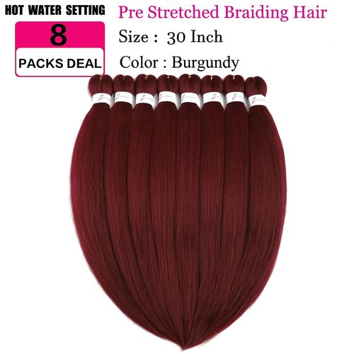 Pre stretched Braiding Hair 30 Inch 8 Packs Professional Hair Extensions Synthetic Braid Hair Crochet Braids Soft Yaki Texture Hot Water Setting(30",burgundy)