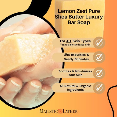 Majestic Lather Lemon Luxury Handmade Bar Soap for Face & Body - Gentle Cleansing & Exfoliating. Moisturizing & Nourishing - Shea Butter & Natural Oils. Cold Process. For All Skin Types