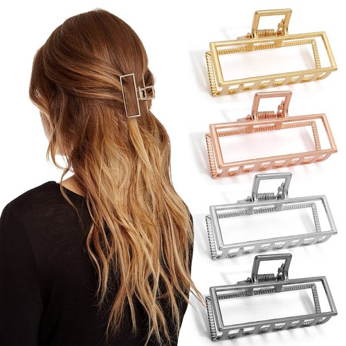 Metal Hair Clips for Women - 4pcs Square and Rectangle Banana Clips in Rose Gold, Black, Silver, ...