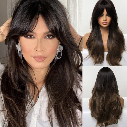 HAIRCUBE Ombre Brown Wigs for Women 22 Inch Heat Resistant Synthetic Wigs with Bangs