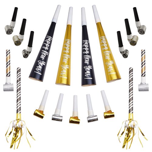 Black, Gold & Silver Party Horns & Blowouts Set (Pack of 50) - Perfect Party Supplies & Party Noise Makers for New Year's Eve, Graduation Parties, Birthdays & More